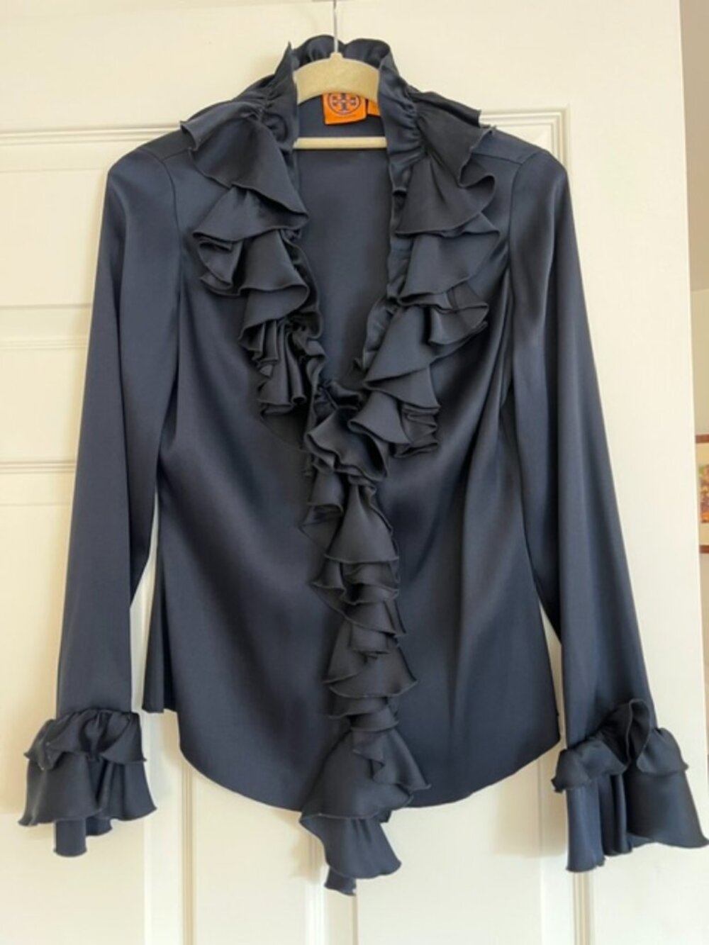 Tory Burch Vintage Navy Blue 100% Silk Waterfall Ruffle Blouse Size 2